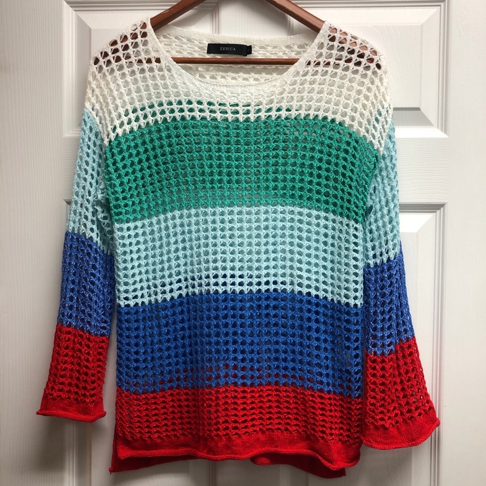 Zesica Small Women's Open-Knit Striped Sweater